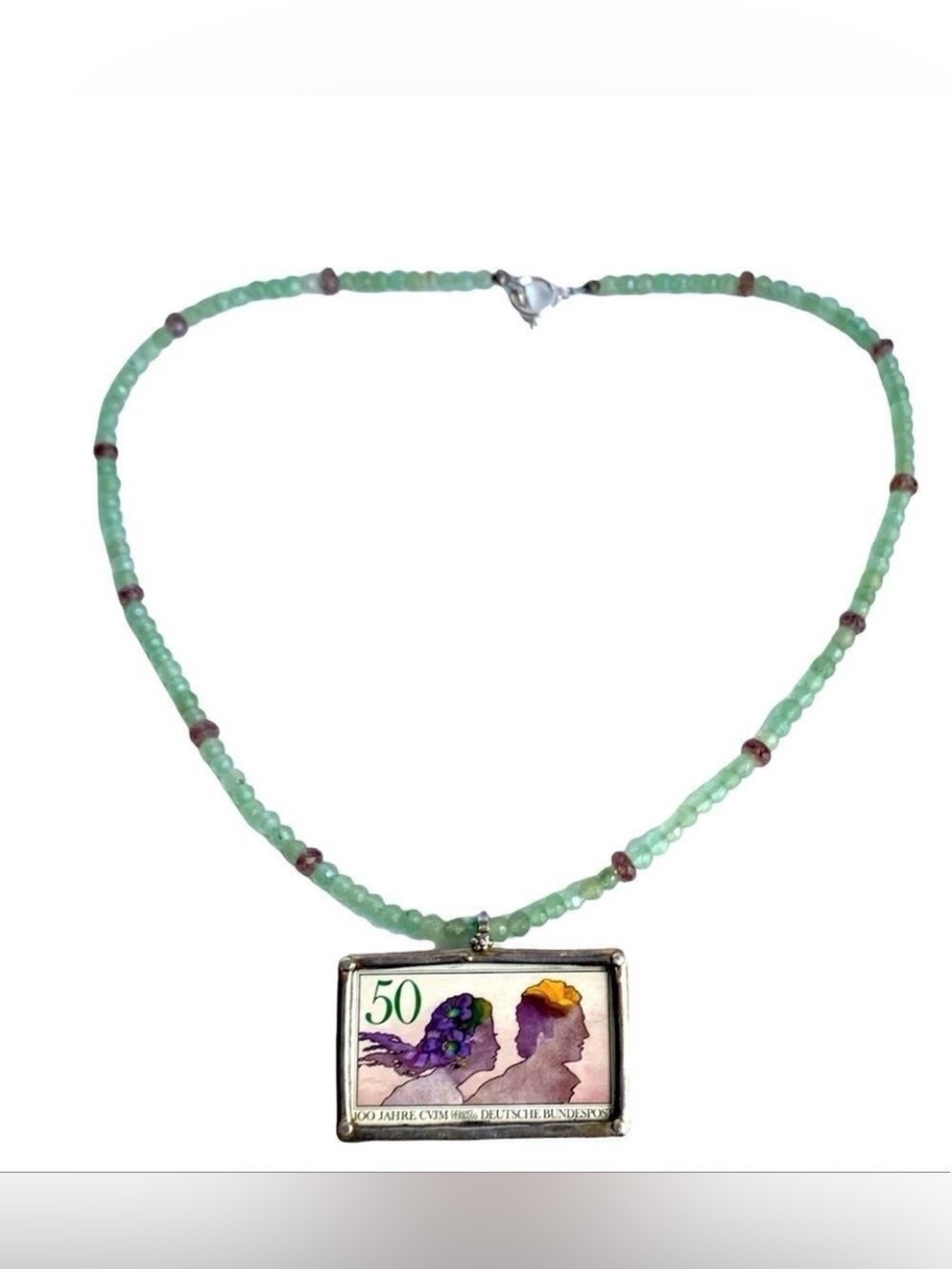 Vintage Gemstone Beaded Necklace Aventurine  Handmade Sterling Silver‎ German